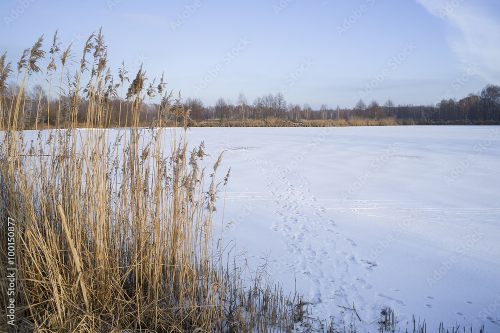 zamarznięty staw ślady wędkarzy na lodzie