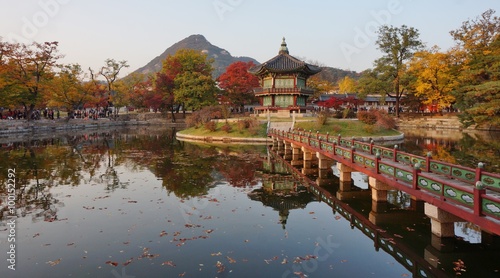 Fall colors at the Hyangwon Jeong Pavillion at the Gyeongbokgung Palace in Seoul, South Korea 