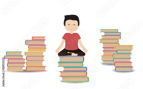 Man meditates on a pile of books