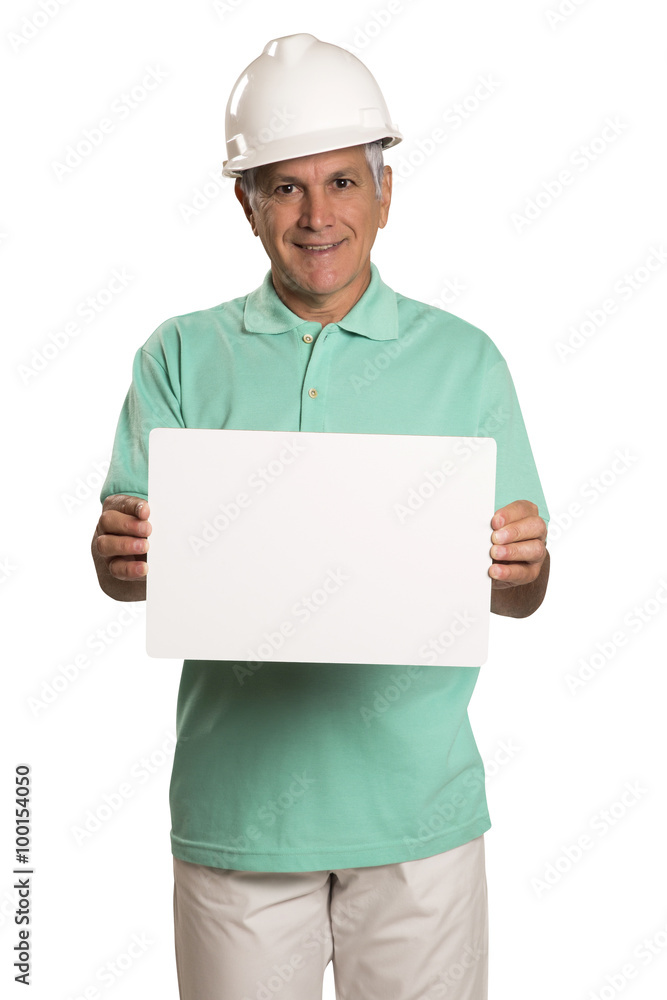 Smiling Young Male Engineer holding card. Smiling Young Male Engineer holding card.
