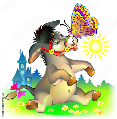 Donkey playing with butterfly, vector cartoon image.  
