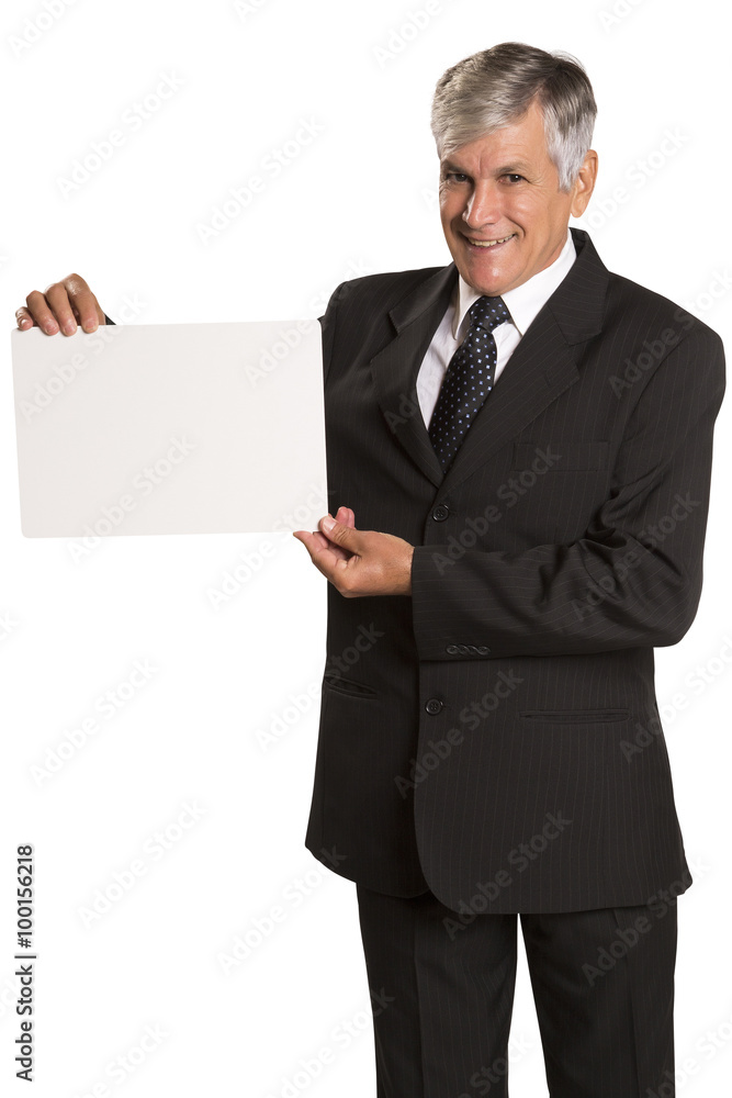 Portrait of happy smiling young business man showing blank signb Portrait of happy smiling young business man showing blank signb
