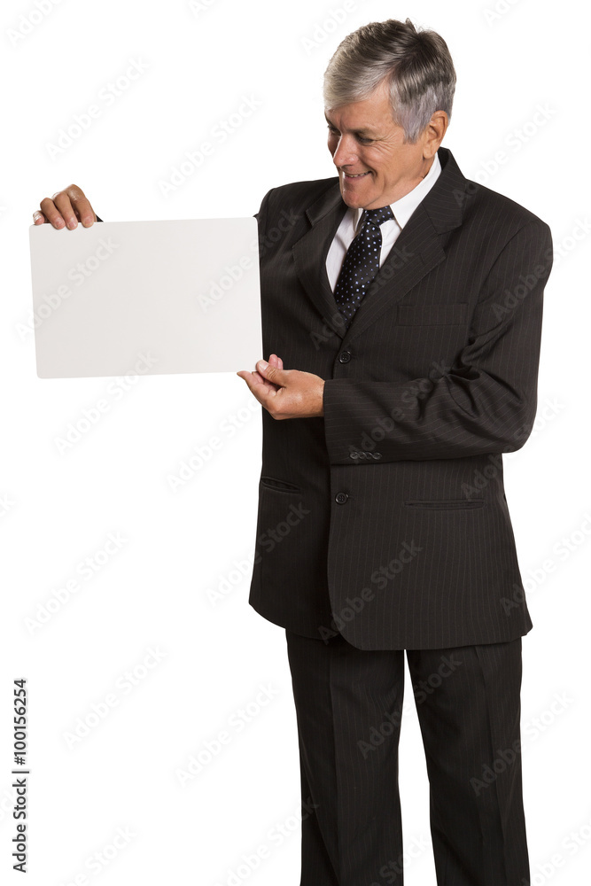 Portrait of happy smiling young business man showing blank signb Portrait of happy smiling young business man showing blank signb