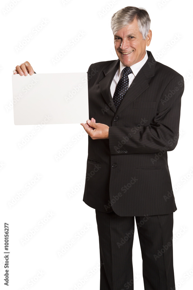 Portrait of happy smiling young business man showing blank signb Portrait of happy smiling young business man showing blank signb