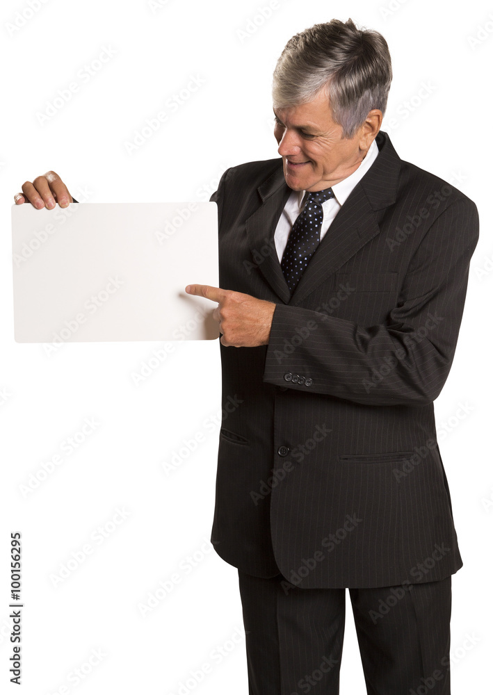 Portrait of happy smiling young business man showing blank signb Portrait of happy smiling young business man showing blank signb