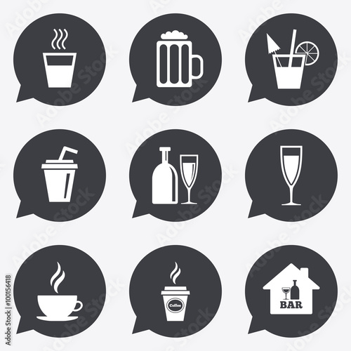 Cocktail, beer icons. Coffee and tea drinks.