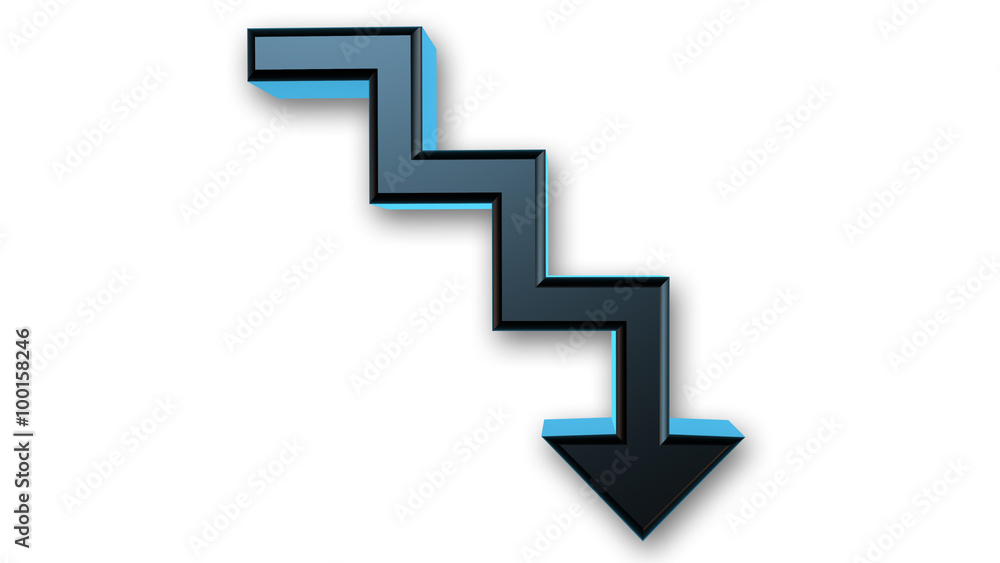Stairways down arrow, black metallic three-dimensional sign isolated on white background Stairways down arrow, black metallic three-dimensional sign isolated on white background