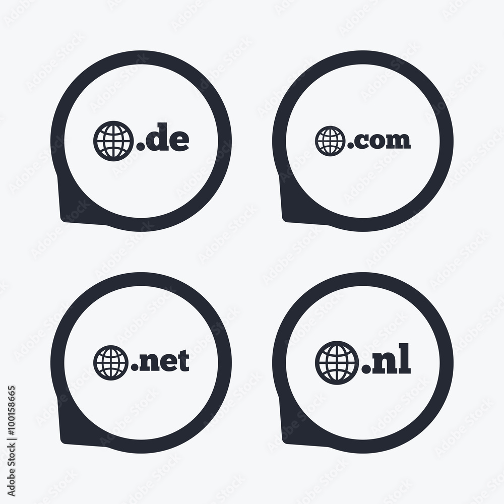 Top-level domains signs. De, Com, Net and Nl. Top-level domains signs. De, Com, Net and Nl.