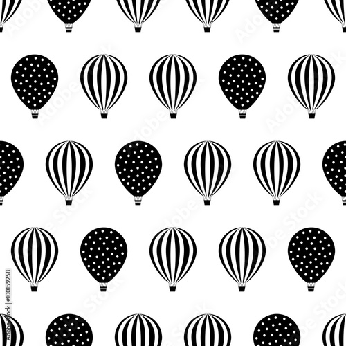 Hot air balloon seamless pattern. Baby shower vector illustrations isolated on white background. Polka dots and stripes. Black and white hot air balloons design.