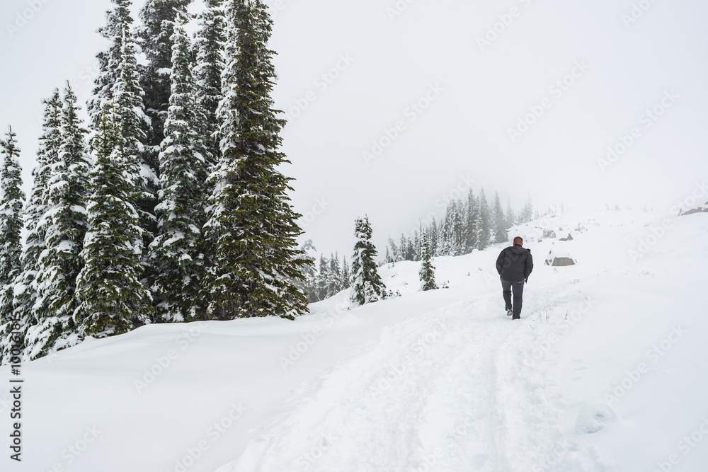 a man stand facing the mountain on a path cover with snow.