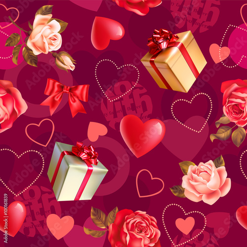 Seamless romantic pattern with roses, gifts and heart shapes. Vector illustration.