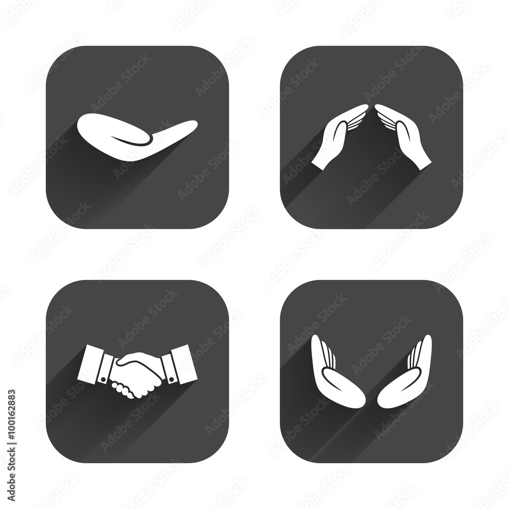 Hand icons. Handshake and insurance symbols. Hand icons. Handshake and insurance symbols.