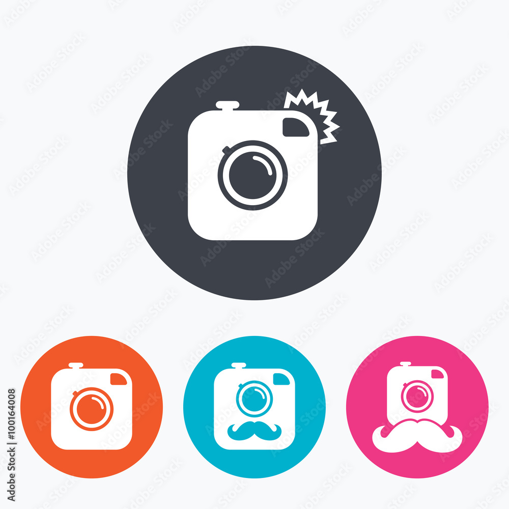 Hipster photo camera with mustache icons. Hipster photo camera with mustache icons.