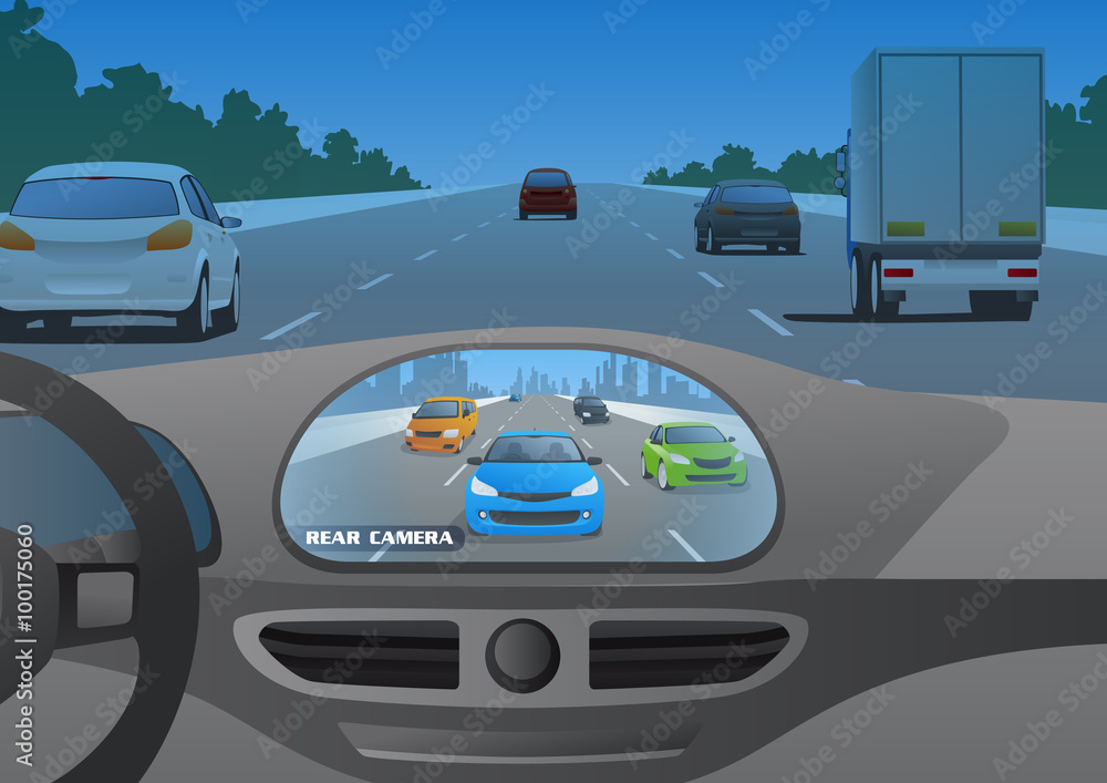 car cockpit and rear view camera image, mirror lesscar, vector ...