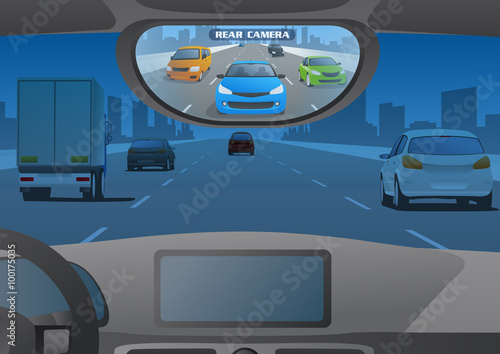 car cockpit and rear view camera image, mirror lesscar, vector illustration