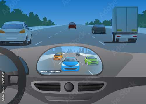 car cockpit and rear view camera image, mirror lesscar, vector illustration