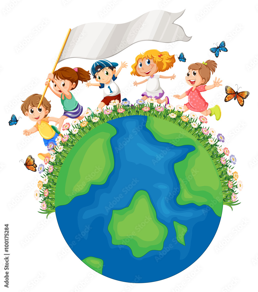 Naklejka premium Children running around the earth with flag
