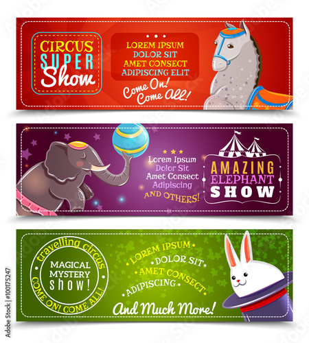 Travelling circus flat horizontal banners set  