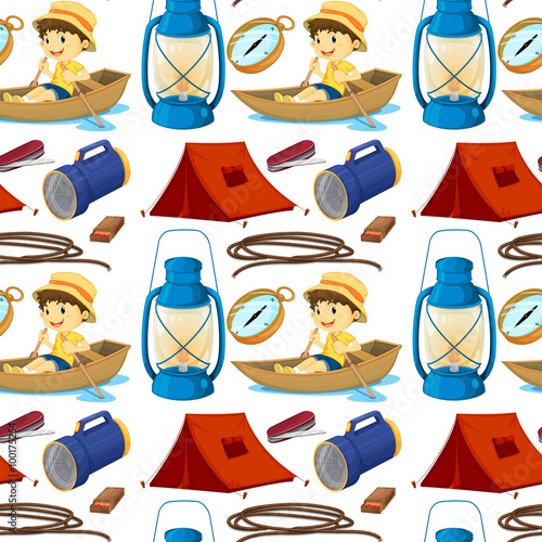 Seamless boy rowing boat and camping gears