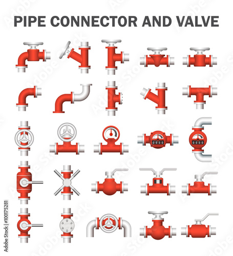 Pipe icon and flange fitting. Include control valve and pressure gauge. For pipeline construction and transportation liquid or gas i.e. oil, natural gas. Also for sewage, plumbing and irrigation.