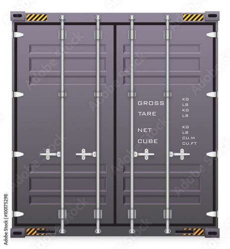 Cargo container vector isolated on white background. Metal box or equipment for storage at dock, port, warehouse. Freight transport by ship, crane, trailer truck for shipping, import export business.