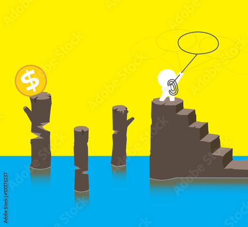 How to get those money? / A man is trying to get the gold coin.
