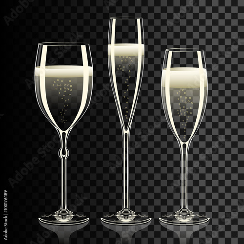 Set of transparent champagne glasses with sparkles