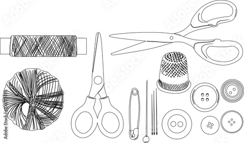 illustration with set of sewing items sketches on white