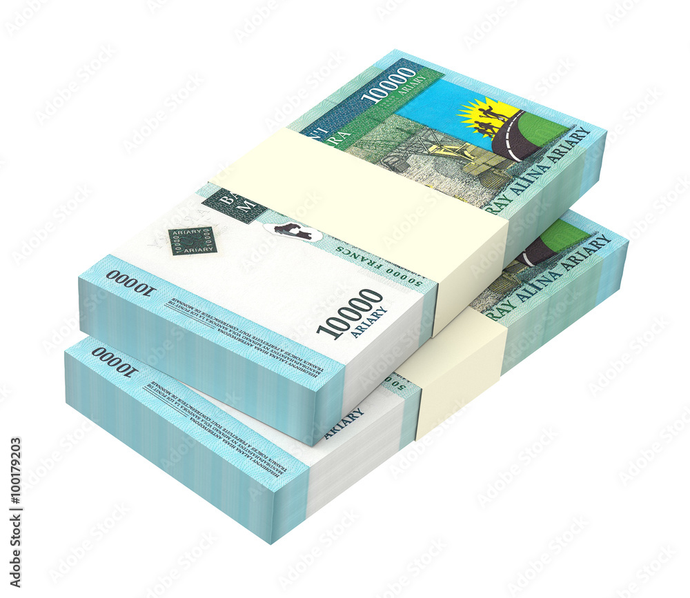 Malagasy ariary bills isolated on white background. Computer generated 3D photo rendering. Malagasy ariary bills isolated on white background. Computer generated 3D photo rendering.