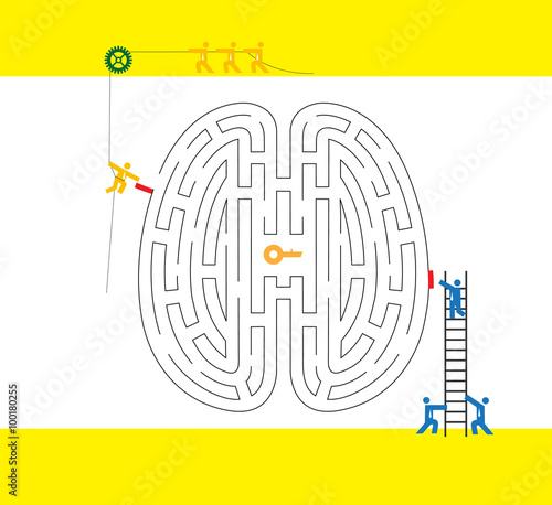 Team work : Find the key / Many businessman are trying to find a gold key in a brain maze.