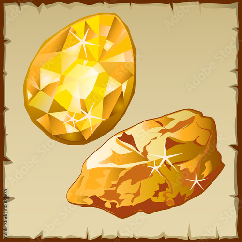 Raw gold and faceted gemstone, two icons