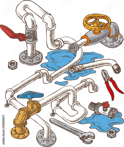 Sanitary Engineering Composition with Pipes and Wrenches