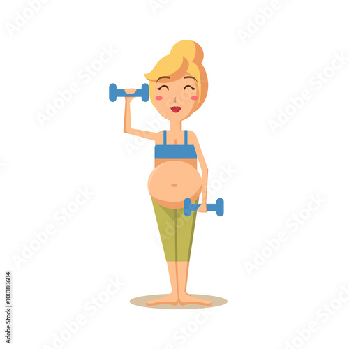 Pregnant Woman Training with Drumbells. Vector Illustration