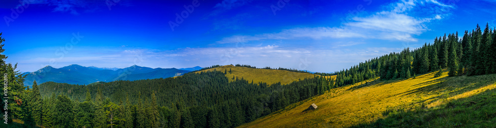 Beautiful panorama sunny day in the mountains of the Carpathians. Ukraine. Europe