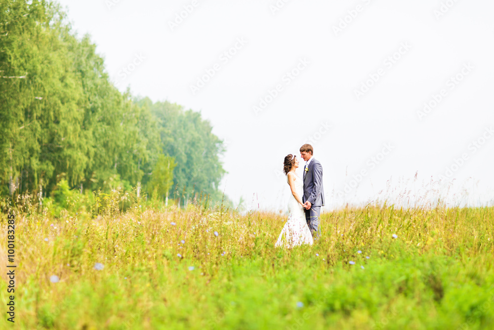 happy beautiful bride and groom walking on field 