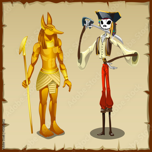 Canvas Print Two ancient symbols, Anubis figurine and pirate