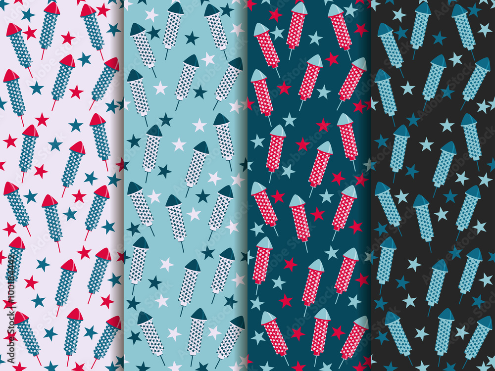 Obraz premium Festive seamless pattern. Firecrackers, rockets, fireworks. Set.