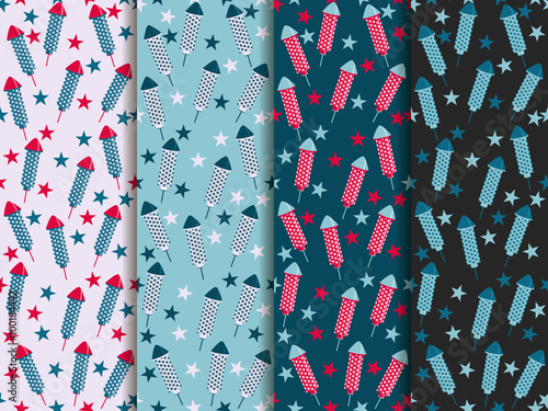 Festive seamless pattern. Firecrackers, rockets, fireworks. Set.
