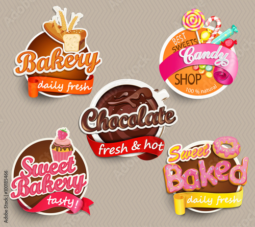 Food Label or Sticker - bakery, chocolate, sweet baked, candy,sweet bakery - Design Template. Vector illustration.