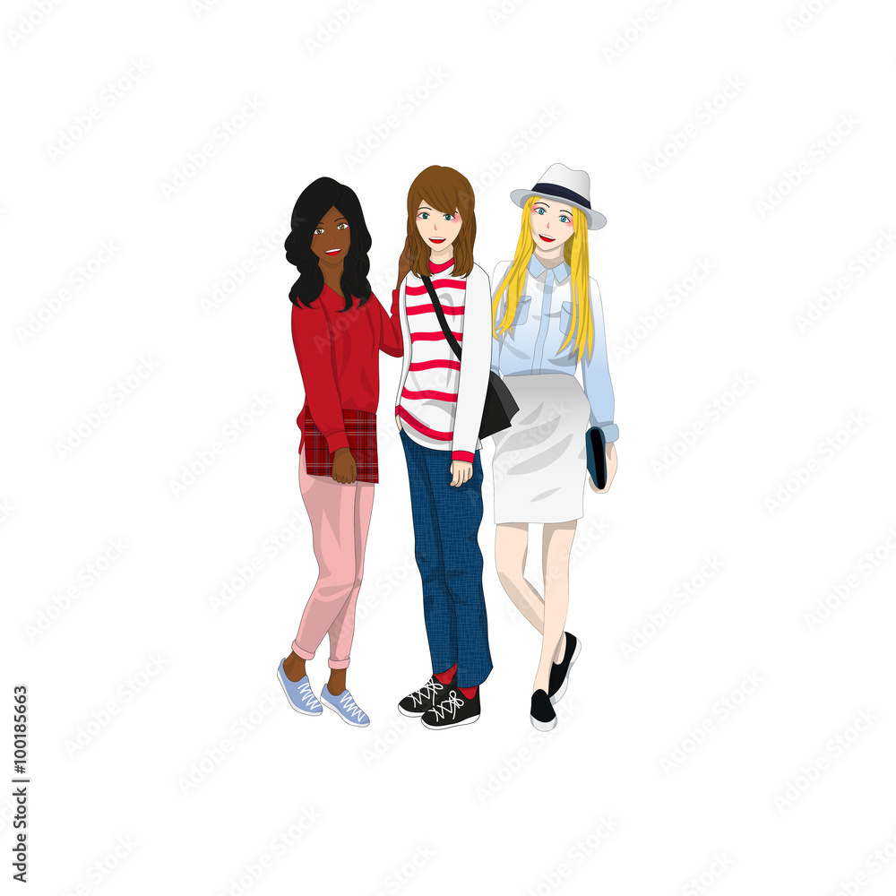 Group Three Cute Girl Friends Vector Illustration. Group Three Cute Girl Friends Vector Illustration.