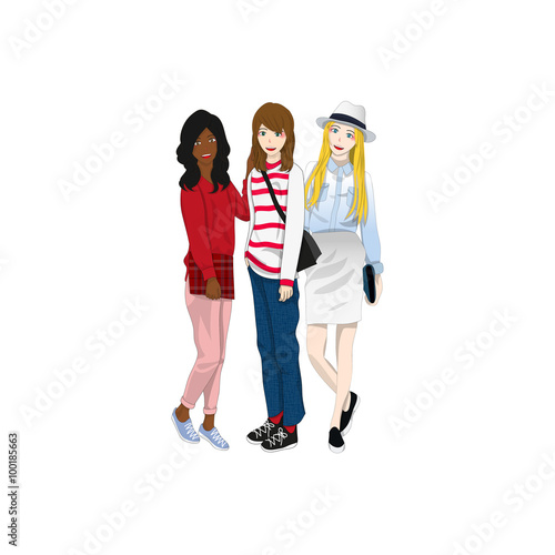 Group Three Cute Girl Friends Vector Illustration.