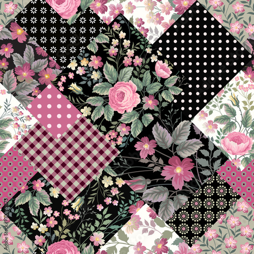 seamless patchwork pattern with roses