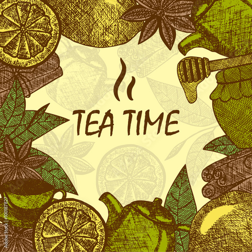 Hand drawn tea culture objects. Teapot, lemon, cinnamon, honey, tea leaf. Vector sketch card template.