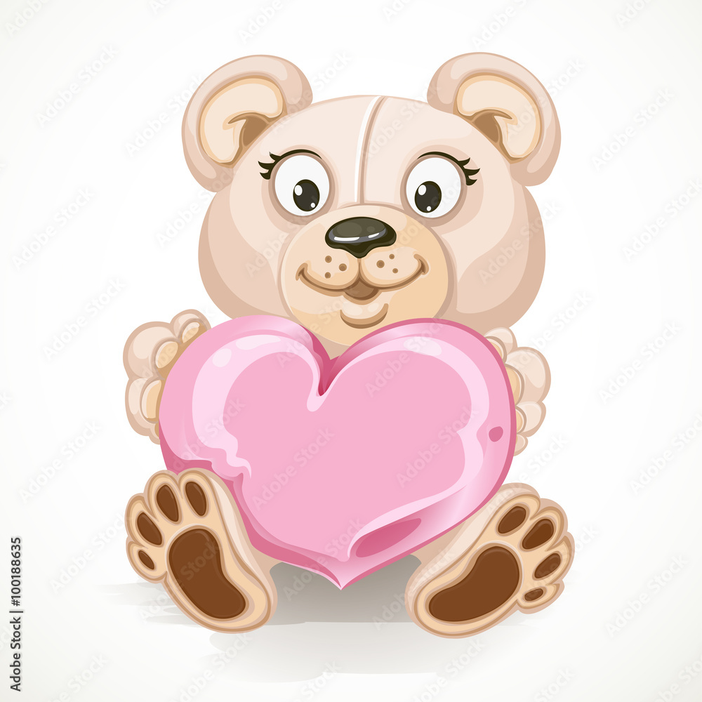 Beige teddy bear holding a heart isolated on white background Beige teddy bear holding a heart isolated on white background