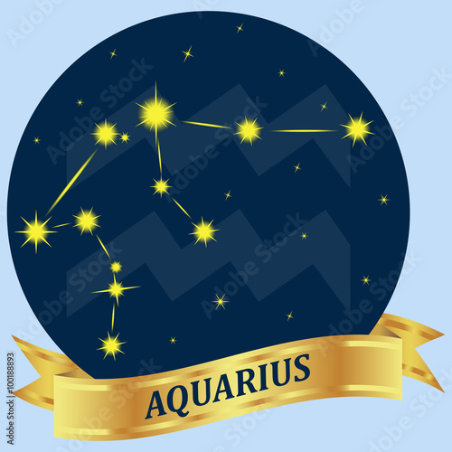 Aquarius. Constellation and zodiac sign in the blue circle. Gold ribbon. Vector image.
