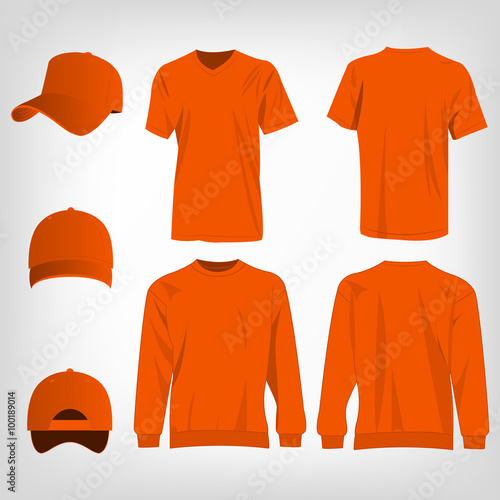 Sport orange t-shirt, sweater and baseball cap isolated set vector