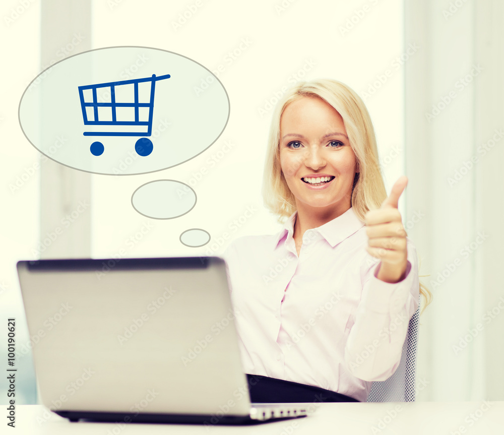 happy businesswoman with laptop showing thumbs up happy businesswoman with laptop showing thumbs up