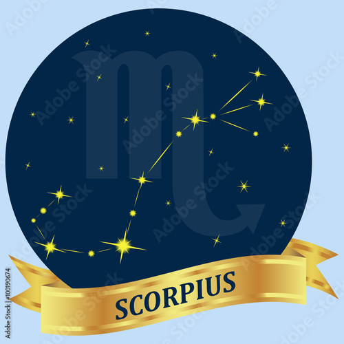 Scorpius. Constellation and zodiac sign in the blue circle. Golden ribbon. Vector image.