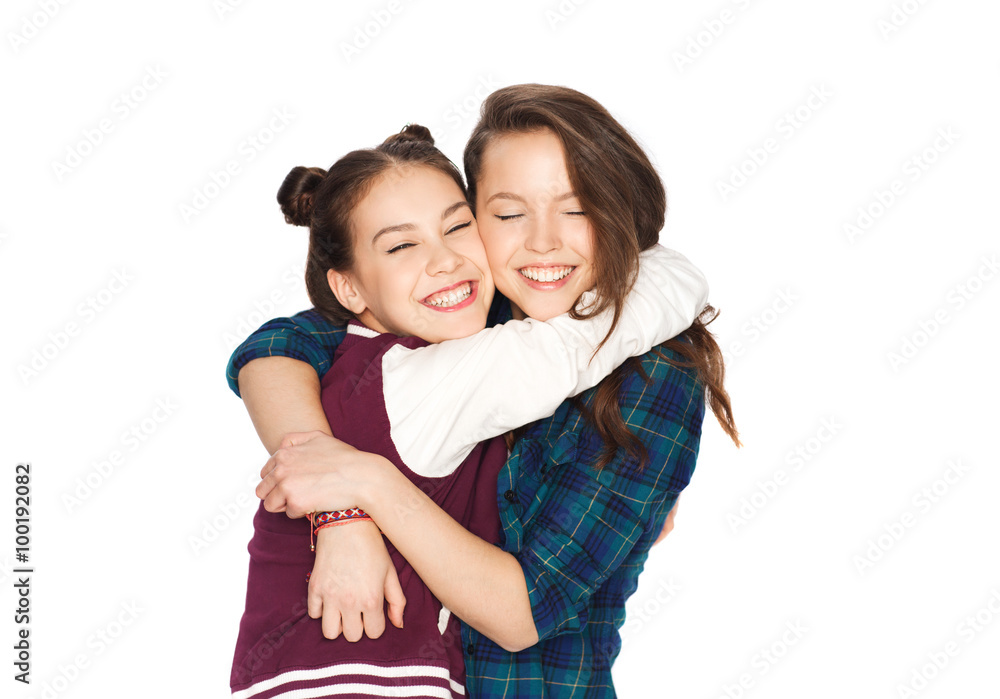 happy smiling pretty teenage girls hugging happy smiling pretty teenage girls hugging