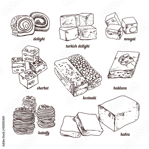 Hand sketched eastern sweets. Paste, sherbet, kozinaki, Turkish Delight
